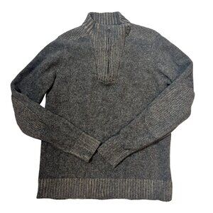 Blue Wool Quarter-Zip Mens Sweater M Gray Ribbed Collar & Elbow Patches
